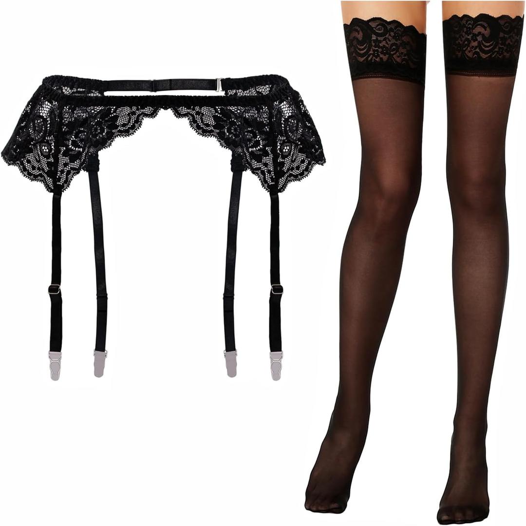 Lidogirl Women's Lace Nights Garter Belt with Stockings Sheers (Black 002)