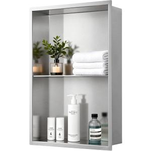 14x20 Inch Brushed Nickel Shower Niche, No Tile Needed Stainless Steel Recessed Bathroom Wall Niche with Double Shelves for Shower Storage