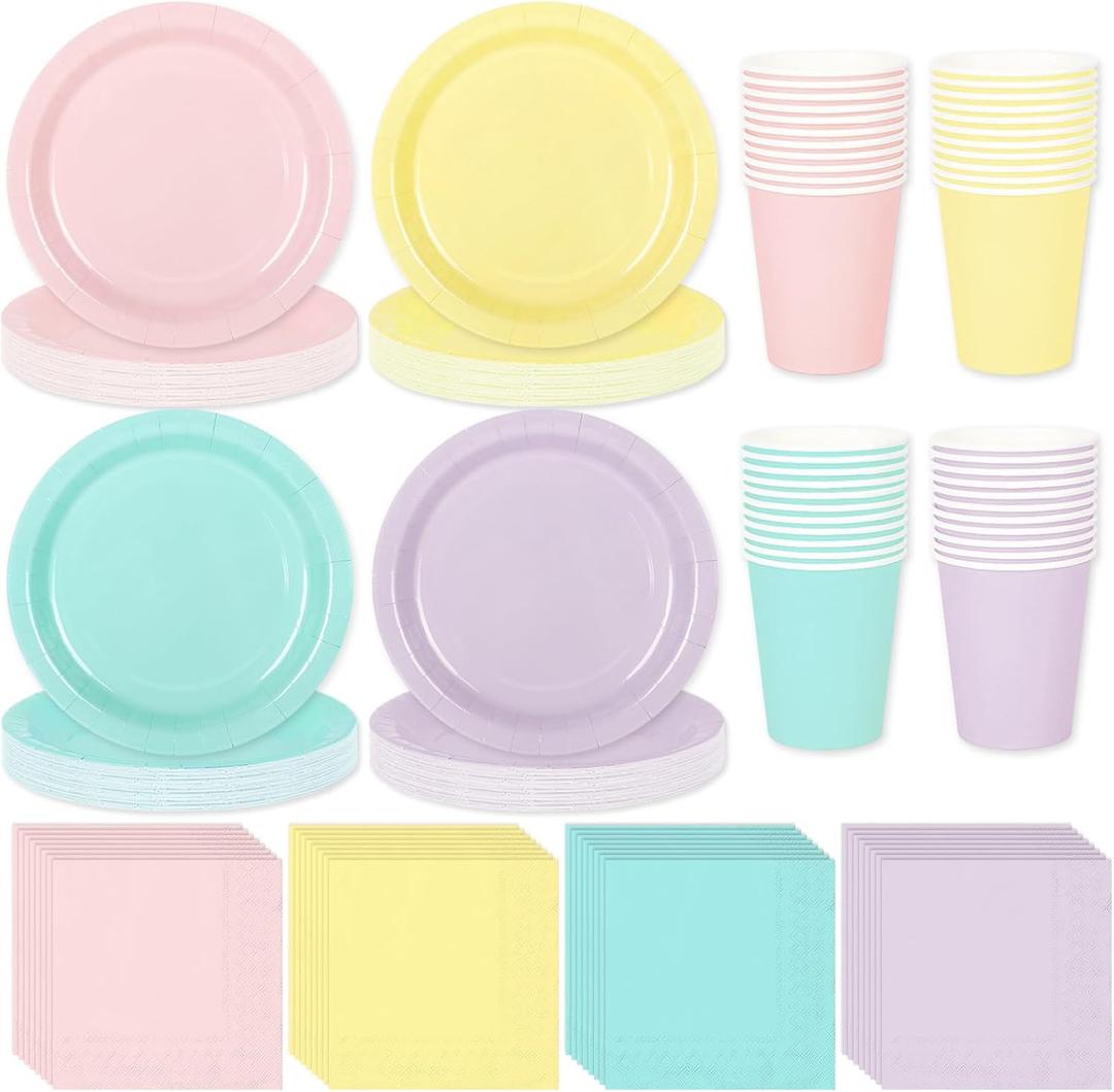 Whaline 244Pcs Pastel Rainbow Tableware Set Serves 48 4 Colors Disposable Dinnerware 48 9" Plates 48 7" Plate 48 9oz Cups 100 Napkins for Spring Easter Wedding Birthday Party Supplies
