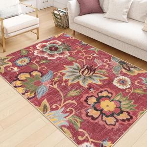 Beeiva Floral 5x7 Red Area Rugs, Washable Rug for Living Room Lightweight Paisley Print Vintage Ultra Thin Large Burgundy Non Slip Carpet for Bedroom Dining Room Christmas Decor