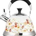 Stainless Steel Whistling Tea Kettle Stovetop - 3.1QT Tea Pot for Stove Top, Vintage Floral Print, Foldable Handle, 304 Stainless Steel Interior Teatop for Tea, Coffee, Party & Gift, 3.1 Quarts