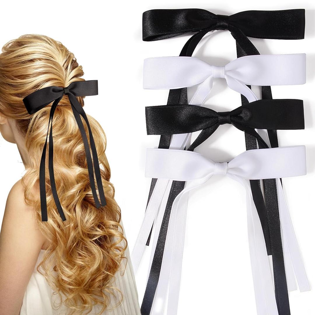 Bow Hair Clips, 4pcs Ribbon Hair Bows Clips for Women and Girls Tassel Hair Bow Claw Clips Solid Metal Bow Clips BowKnot Barrettes Hair Accessories for Hair (Black And White)