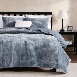 WDCOZY Velvet California Oversized Cal King Size Quilt Set - Blue Striped Pick Stitch Soft Lightweight Bedspread, Channel Farmhouse Country Rustic Coverlet, Modern Bedding Thin Comforter, 3 Pieces