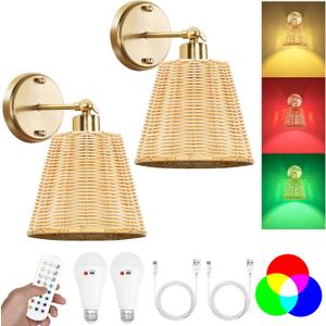 Frideko Rattan Rechargeable Wall Sconces Set of Two with Remote, RGB 15 Colors Dimmable Battery Operated Wall Lights, Indoor Wireless Wall Lamp with 3 Timer, Farmhouse Boho Sconce Light for Bedroom