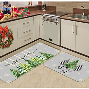 Merry Christmas Kitchen Rugs Set of 2 Grey Farmhouse Decorative Rubber Backing Xmas Winter Holiday Floor Mat Tree Joy Mat Anti-slip Let It Snow Decorations for Indoor Outdoor Home 15,5"/46,5" And 15,5"/23"