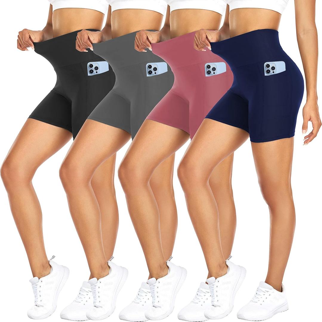 FULLSOFT 4 Pack Biker Shorts for Women with Pockets  5" High Waisted Tummy Control Workout Yoga Running Gym Tennis Shorts (Large-X-Large, 01-4 Pack Black/Navy Blue/Grey/Pink)