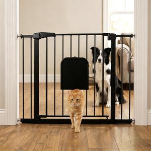 Metal Pet Gate with Cat Door, Adjustable Dog Gate for Doorways & Stairs, Pressure Mounted, Auto-Close, No Tools Needed, 29-45 Inches, Black