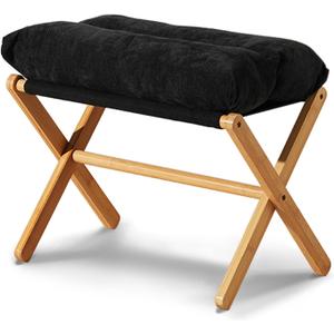 Baveke Ottoman Foot Rest- Bamboo Foldable Stool, Foot Stools Small Ottman with Upholstered & X Legs, Folding Stool for Makeup, Bedroom and Living Room (Black)