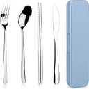 5 Piece Rsiynax Portable Travel Utensils Set with Case, Premium 304 Stainless Steel Camping Utensils Set, Reusable Silverware for Camping, Lunch, Work, School, etc, Easy to Clean (Silver)