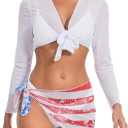 Zando 2 Piece Swimsuit Coverup for Women Beach Cover Up Set Long Sleeve Semi-Sheer Mesh Crop Top Swimwear Sarong Wrap Skirt (Large, 01 American Flag)