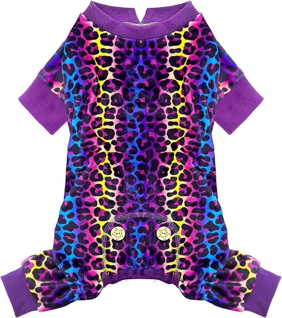 KYEESE Dog Pajamas Stretchy Pet Jammies Coat Comfy Pet Onesie Costume Velvet Dog Pajamas Small Sized Dogs Soft Dogs Clothes Pjs with Leopard Pattern, Large (Large (15-25lbs))