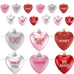 12 Pcs 3.2" Large Valentine's Day Heart Ornaments for Tree 6 Styles, Red Pink Silver Glitter Hanging Decorations with Sweet Love Words Shatterproof for Galentines Day Wedding Party Supplies