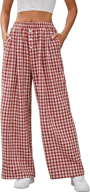 Braroz Womens Gingham Boxer Pajama Plaid Lounge Bottoms Comfy PJ Wide Leg Pants with Pockets Y2K Outfits Red-White Plaid M
