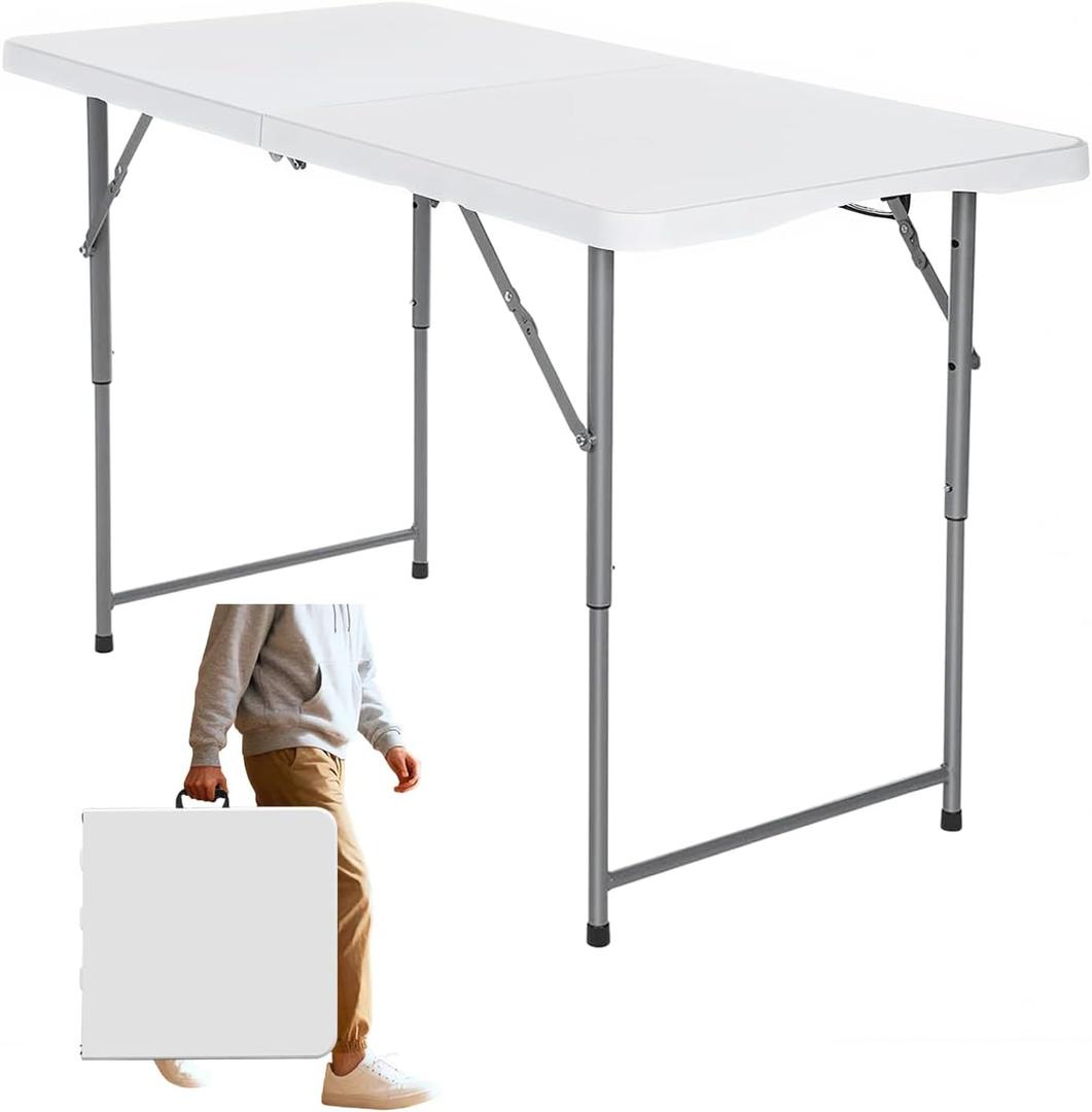 FoldingTable 4 Foot Portable Heavy Duty Plastic Table and Adjustable Height Folding with Carrying Handle,Indoor Outdoor with Kids Table, Picnic,Party,Camping White