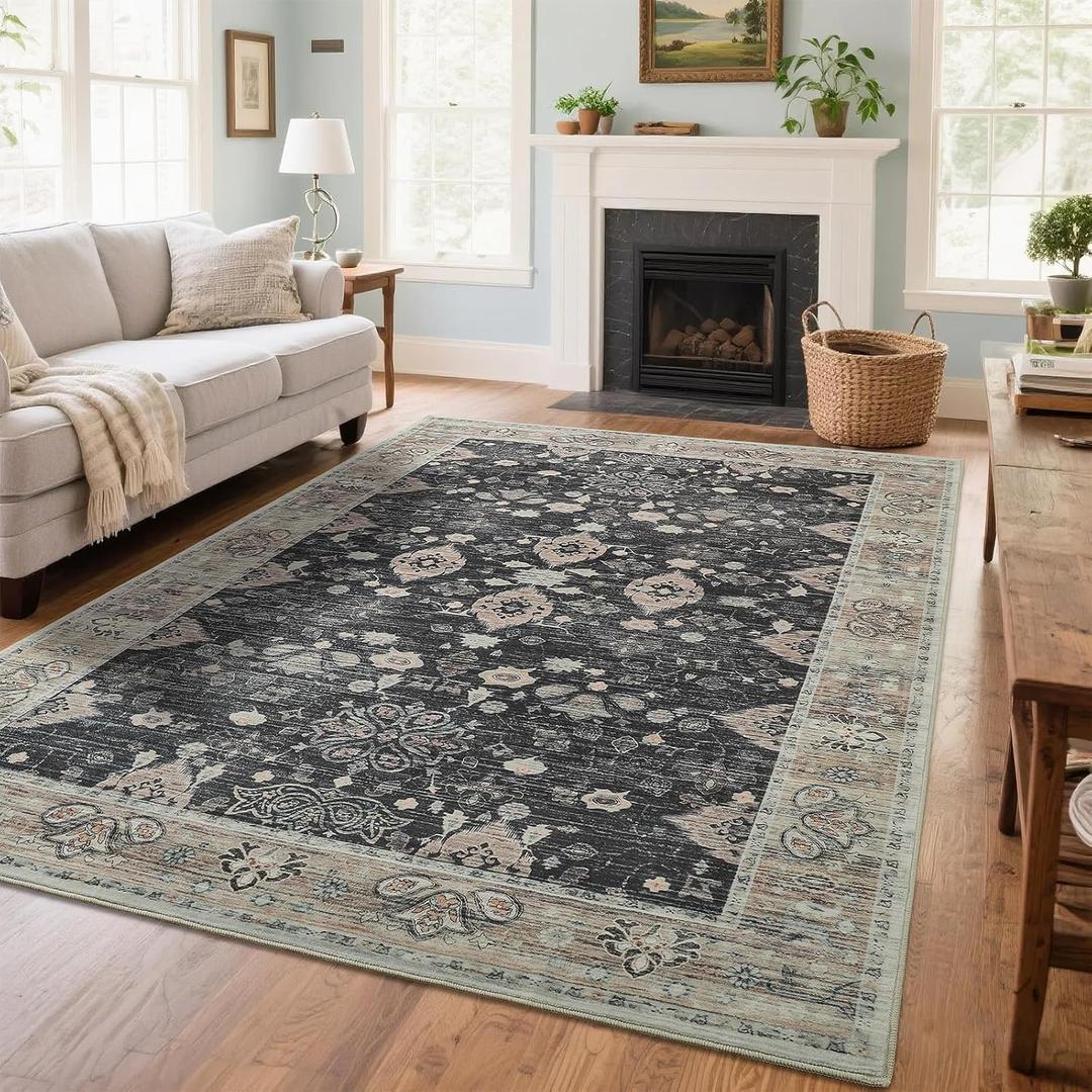 Przemy Area Rug for Living Room, Washable 5x7Ft Non-Slip Area Rugs for Bedroom,Non-Slip Floral Carpet for Home Office Nursery Dining Room Kitchen, Black and Beige