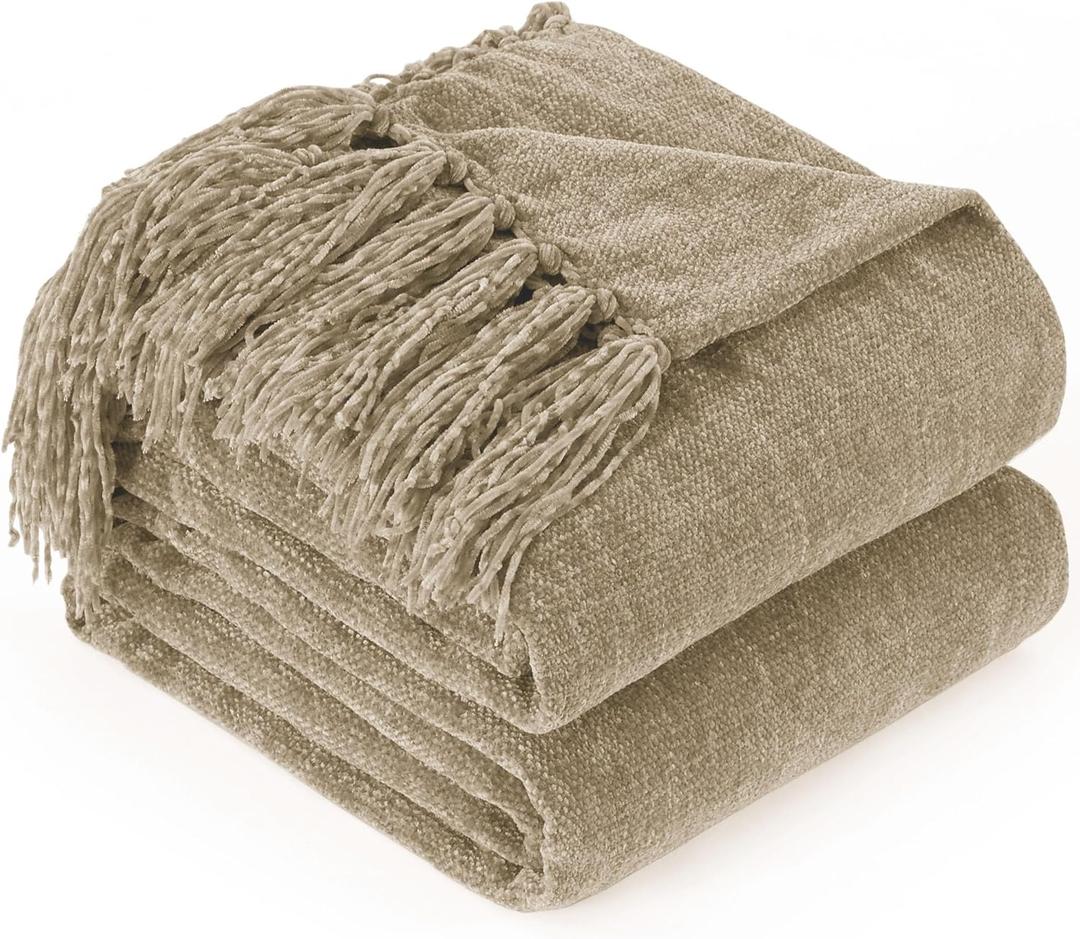 Chenille Throw Blanket for Couch with Tassels,50"X60" Soft Cozy Lightweight Knitted Boho Decorative Blankets for Bed and Sofa,Taupe