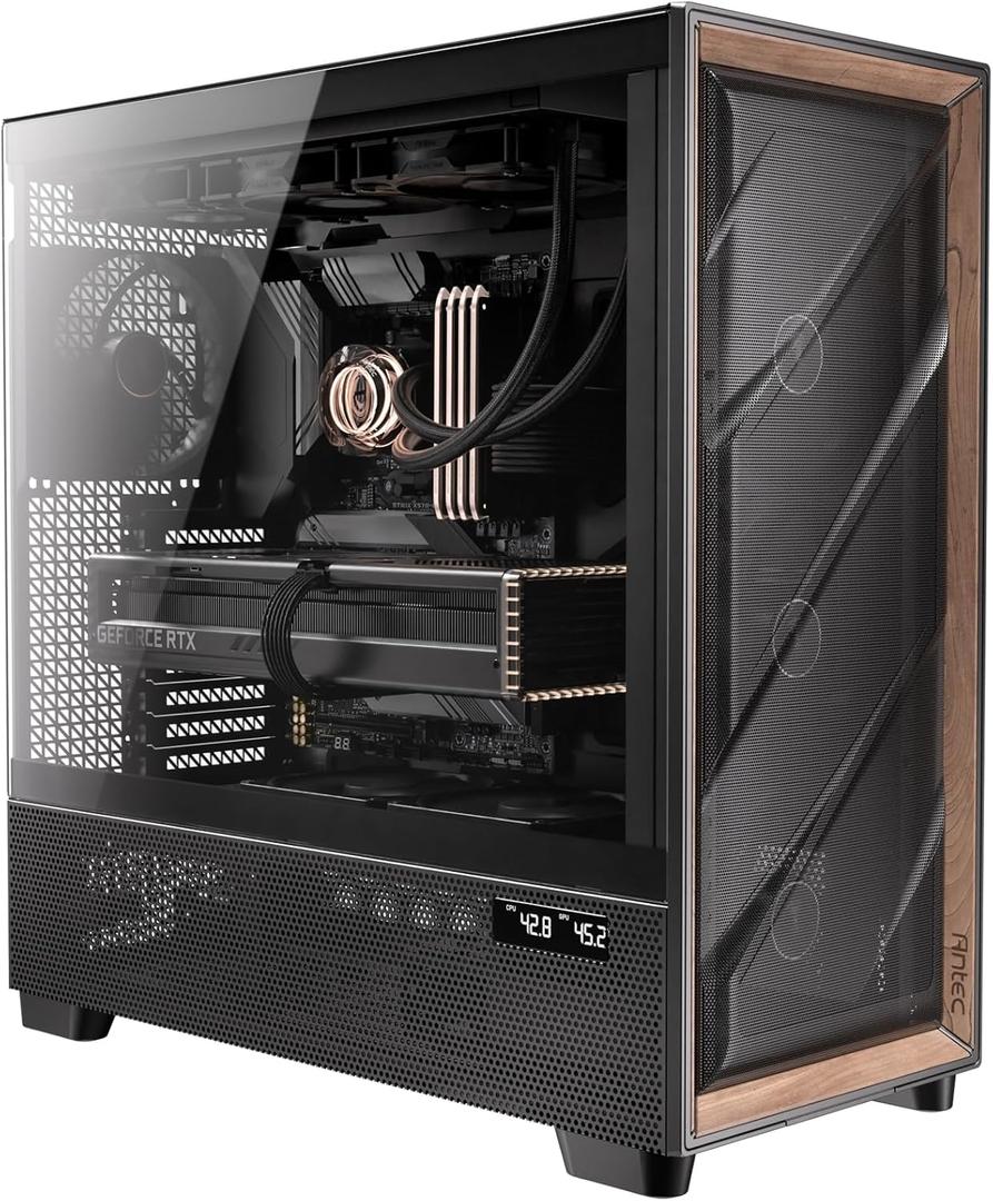Antec Flux Pro, 6 x PWM Fans Included, High-Airflow Front Panel with Walnut Wood, iShift PSU 90 Mount, USB3.0 x 2, Type-C, 420mm Radiator Support, Temp. Display, Full-Tower E-ATX PC Case