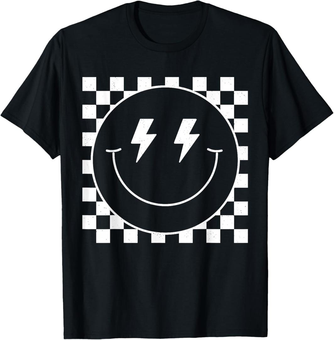 Vintage White Checkered Smile Face Shirt Cute Smiling Face T-Shirt, Size L