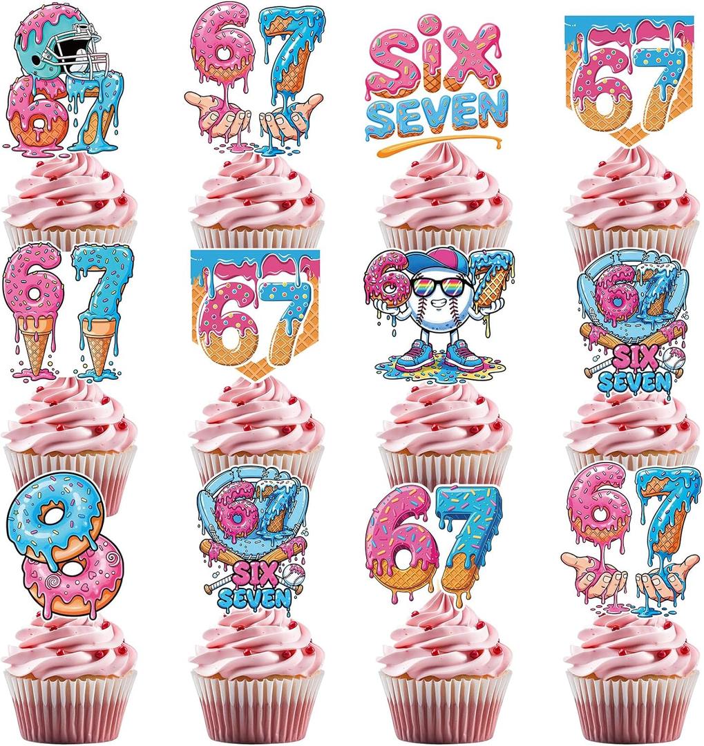 6 7 Birthday Decorations - 36 Pcs 67 Meme Birthday Theme Party Cupcake Toppers Decor, Ice Cream Drip Baseball Cup Cake Toppers Party Supplies for Boys Girls