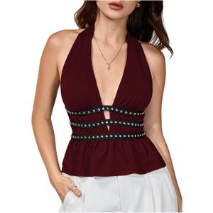 MakeMeChic Women's Halter Going Out Tops Y2k Punk Ruffle Hem Sleeveless Tank Party Clubwear (Red, XS)