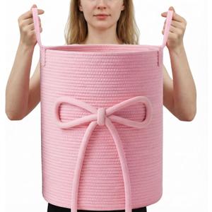 Glooglitter Pink Bow Laundry Basket Large Cotton Rope Storage Basket 16'' x 22'' Woven Laundry Hamper with Handles for Clothes Blanket Pillow Towels Living Room Bathroom Decor