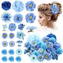 BBTO 21 Pcs Flower Hair Clip Rose Hair Clips Barrettes for Women Flower Accessories Boho Bride Claw Clip Hairpin Brooch Pin Headpiece for Wedding (Blue Series)