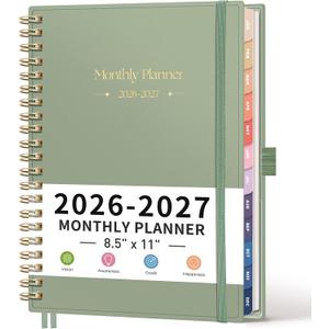RETTACY 2026-2027 Monthly Planner, Jan 2026 - Dec 2027, Large Size (8.5" x 11"), Agenda, Calendar, 24 Month Tabs, Flexible Plastic Cover, 100 GSM Thick Paper, Spiral-bound (Light Green)