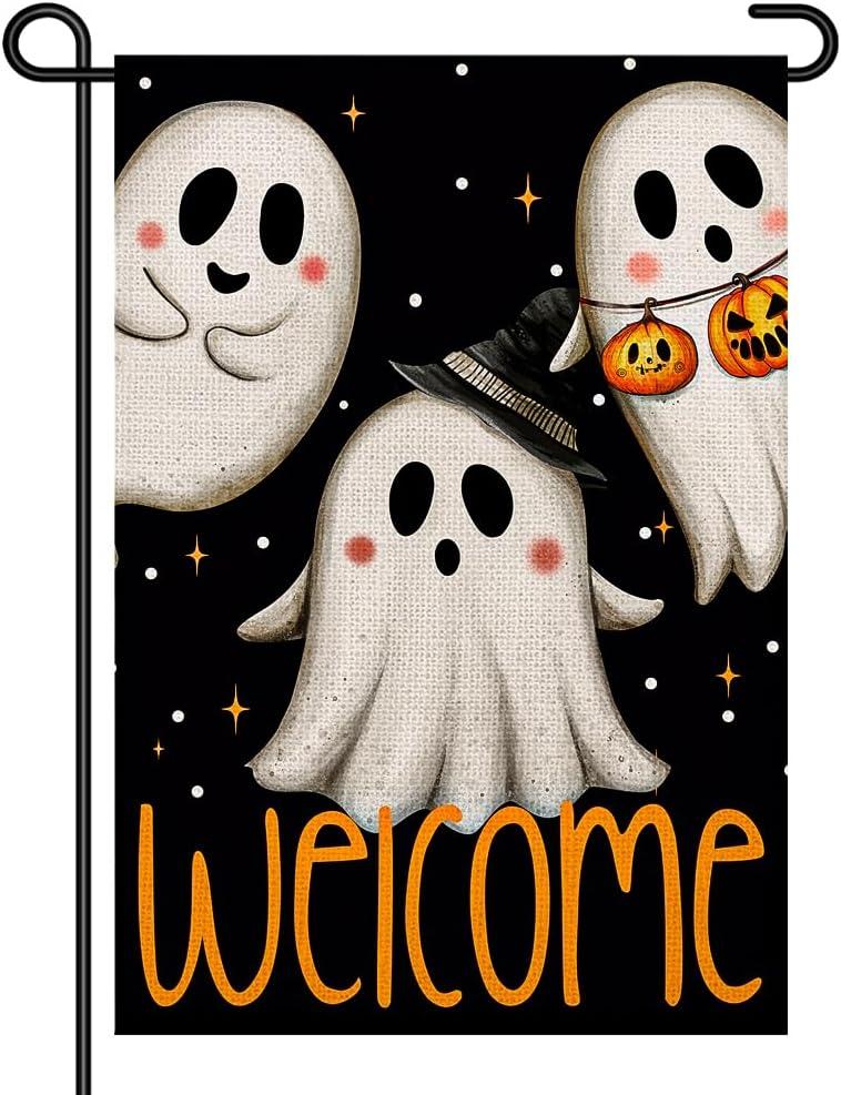 3 x Spooky Ghost Welcome Garden Flags for Outside 12x18 Inch Double Sided Burlap,Halloween Sign Small Flag Farmhouse Holiday Yard Lawn Outdoor Decorations DF896