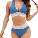 VIMPUNEC Womens High Waisted Bikini Sets Tummy Control Swimsuit Two Piece Color Block Bathing Suit (Medium, Black)