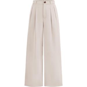 KIRUNDO Wide Leg Dress Pants for Women High Waisted Office Work Trousers Business Casual Slacks Button Flowy Palazzo Pant (Beige, L)