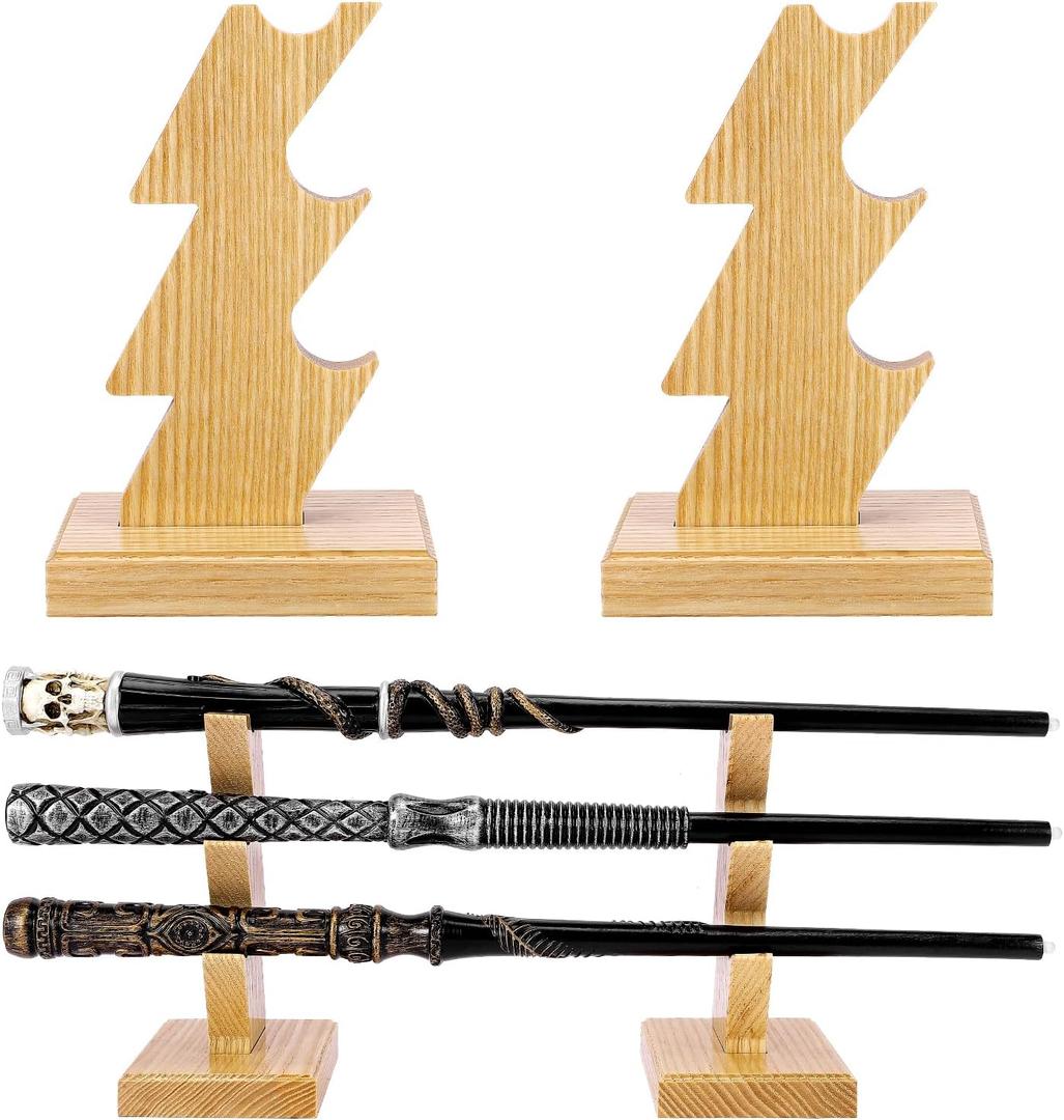 Wooden Magic Wizard Wand Stand Display 3 Tiered Handcrafted Wood Holders for Witch Wands & Pens, Natural