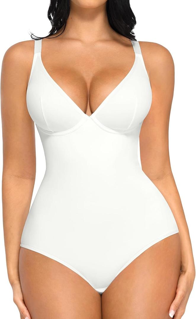 FeelinGirl Shapewear Bodysuits for Women Tummy Control Deep V Neck Body Suits with Built in Bra Tops, L