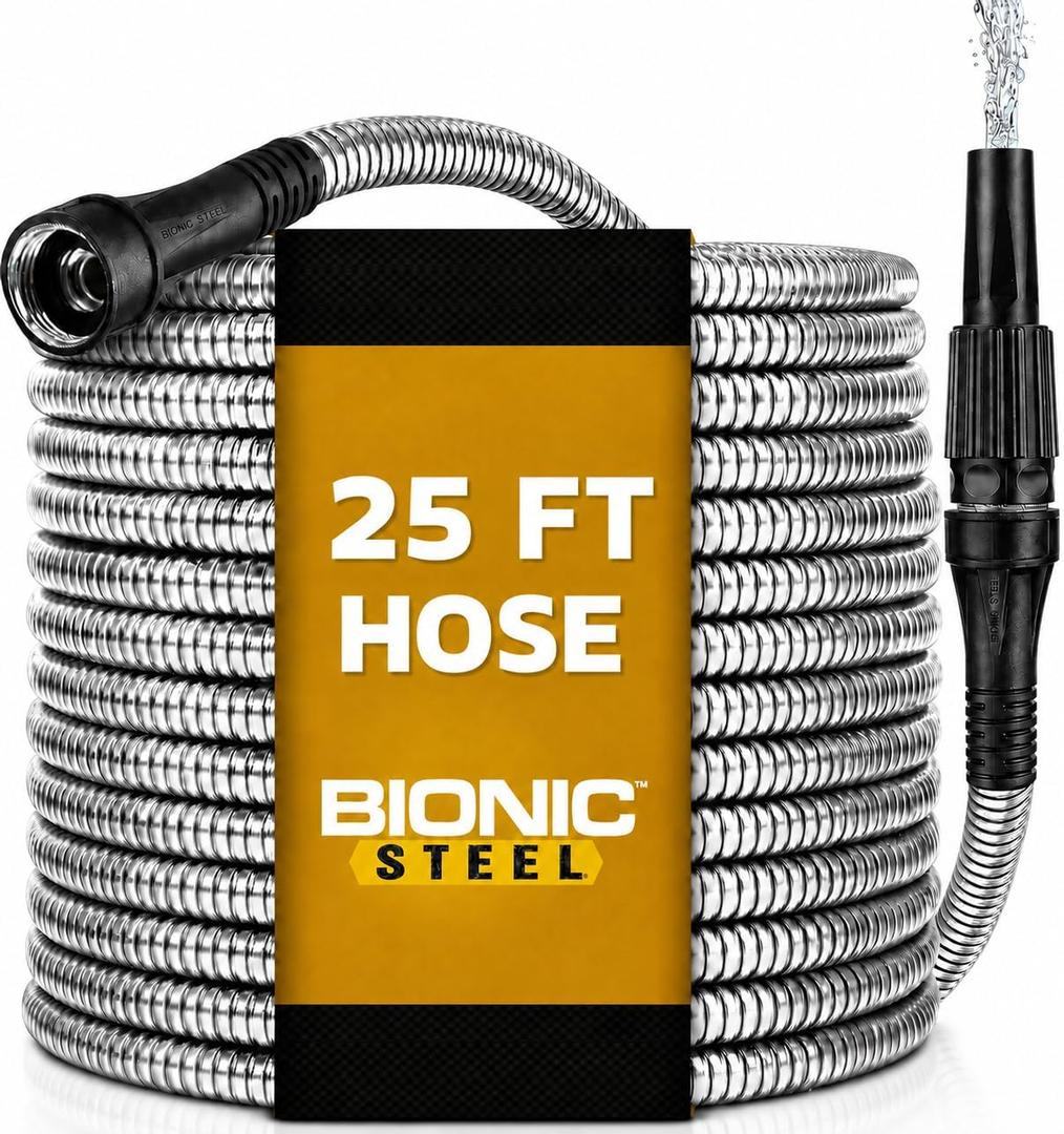 Bionic Steel 25 Ft Metal Garden Hose with Nozzle, 25Ft x 5/8 In. Premium 304 Stainless Steel Metal Water Hose, Flexible Non Kinking, Lightweight, Heavy Duty, for Yard, Outdoor