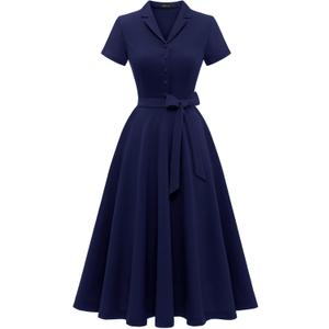 Wedtrend Women's Vintage Tea Dress, Short Sleeve Cocktail Party Dress Work Church Casual Dress (Medium, Navy)