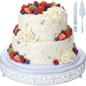 Wenqik 14 Inch White Cake Stand Set Metal Round Cupcake Dessert Stand with Cake Cutting, Spatula Wedding Cupcake Pastry Display Candy Holder Display for Wedding Party Birthday Baby Shower(Classic)