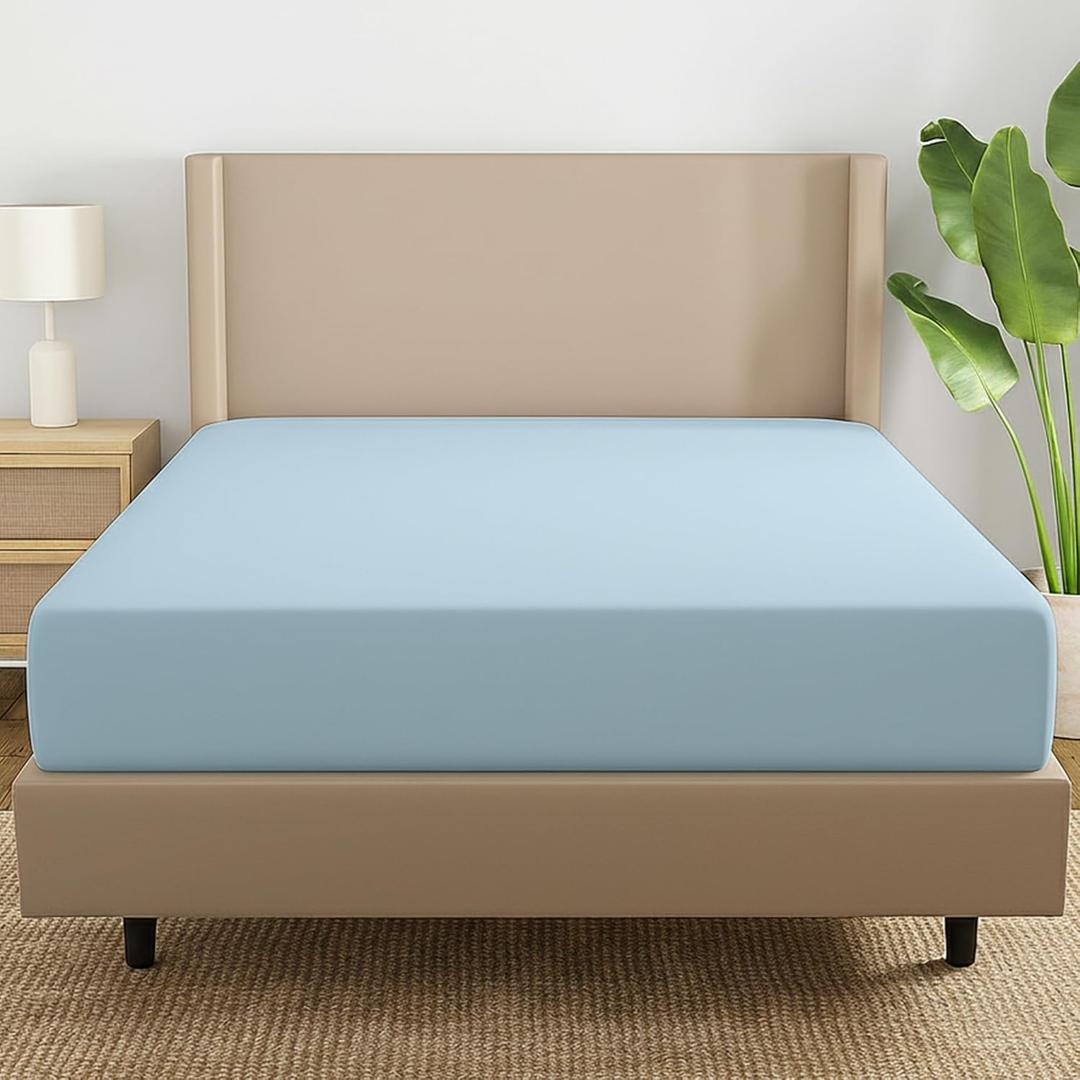 Full Size Fitted Sheet Only Light Blue, 100% Egyptian Cotton 600 Thread Count, 16" Deep Pocket Cotton Fitted Sheet (1 Piece Bottom Sheet Only)