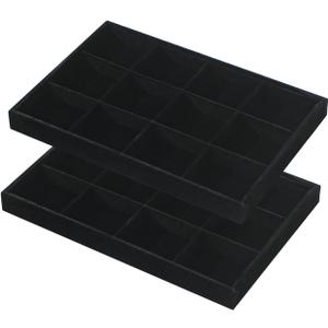 2pcs/Set Velvet Jewelry Tray, 12 Grids Large Storage Tray for Bracelet Bangle Beads Display, Jewellery Organizer Box Tray for Home Drawer or Shop Store Selling Show (Black Velvet)