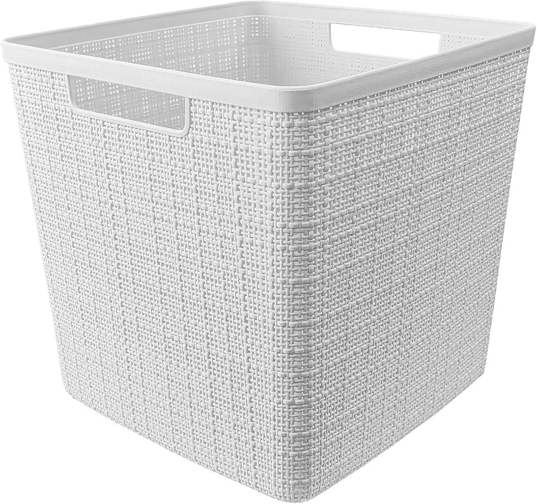 Curver Jute Decorative Plastic Organization and Storage Basket Perfect Bins for Home Office, Closet Shelves, Kitchen Pantry and All Bedroom Essentials, White, Large Cube, Set of 1