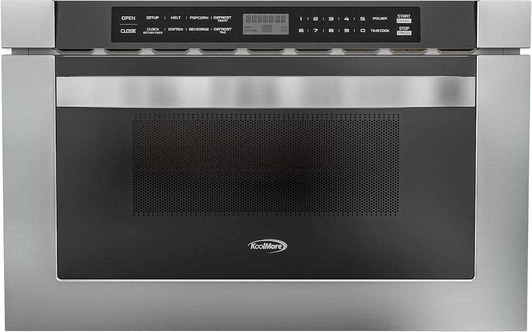 KoolMore 24 Inch Stainless-Steel Microwave Drawer with 1.2 cu. ft. Capacity, 1000W Power with 10 Custom Cooking Levels, Memory, and Timer Functions, Wall-Mounted with Flat Bottom (KM-MD-1SS)