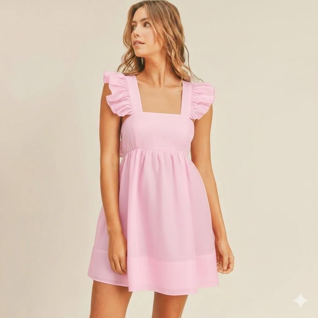 Elegant Ruffle Back Tie Dress Size S, Pink
