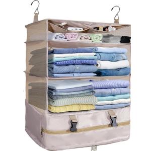Protable Hanging Travel Shelf Bag, Expandable Packing Cube, Luggage Packing Organizer,X-Large Carry-On Closet with 4-Shelf & 2 Hooks, Suitcase Organizer Bag for Hotel, Bedroom, RV (Beige)