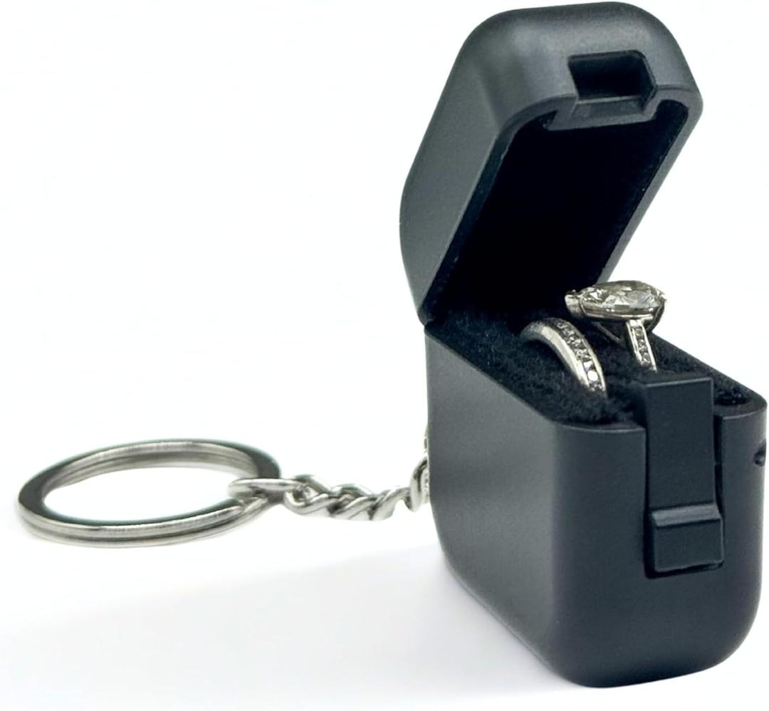 Ultra Slim Ring Case with Keychain  Portable Gym Jewelry Box, Compact Travel Ring Holder, Small Black Jewelry Organizer for Women and Men(1.4 x 1.4 x 0.7 in)