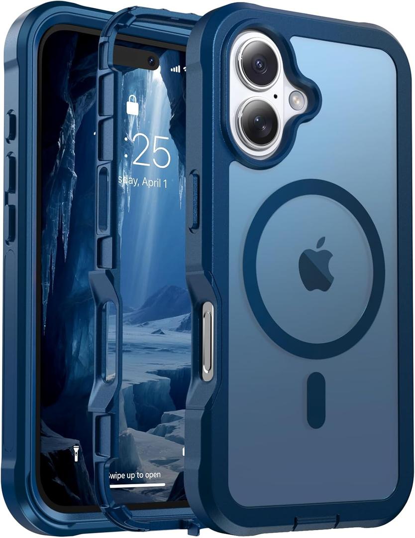 Magnetic for iPhone 16 Case, [Compatible with MagSafe][Military Grade Drop Protection][Heavy Duty Protection][Non-Slip][Shockproof] 2-Layer Durable Bumper Phone Case 6.1''-Deep Blue