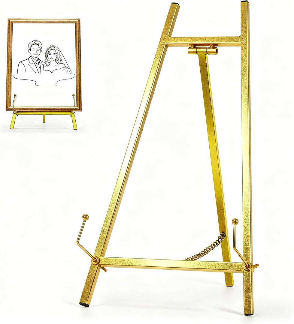 16.5" Metal Easel Stand for Sign Elegant Table Top Easel for Display, Heavy Duty Tabletop Picture Easel Stand for Wedding Sign, Picture Frame, and Art (Gold)