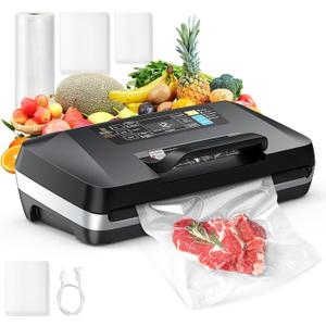 95KPa Vacuum Sealer Machine for food,Full Automatic with Double 12mm Heat Seal, 10in 1 Modes, Built in Cutter & Bag Storage, Includes 1 Roll and 10pcs Pre cut Bags (Gray)