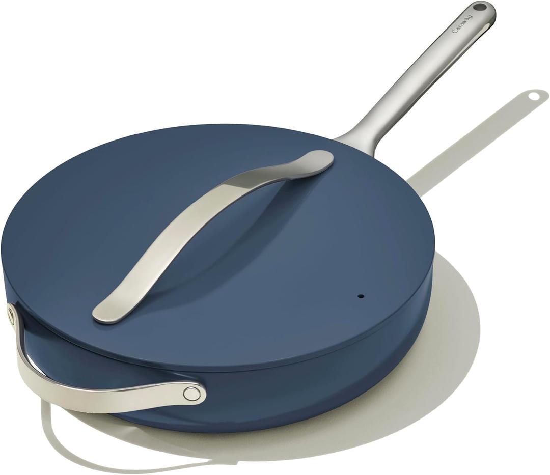 Caraway Nonstick Ceramic Saut Pan with Lid (4.5 qt, 11.8") - Non Toxic, PTFE & PFOA Free - Oven Safe & Compatible with All Stovetops (Gas, Electric & Induction) - Navy