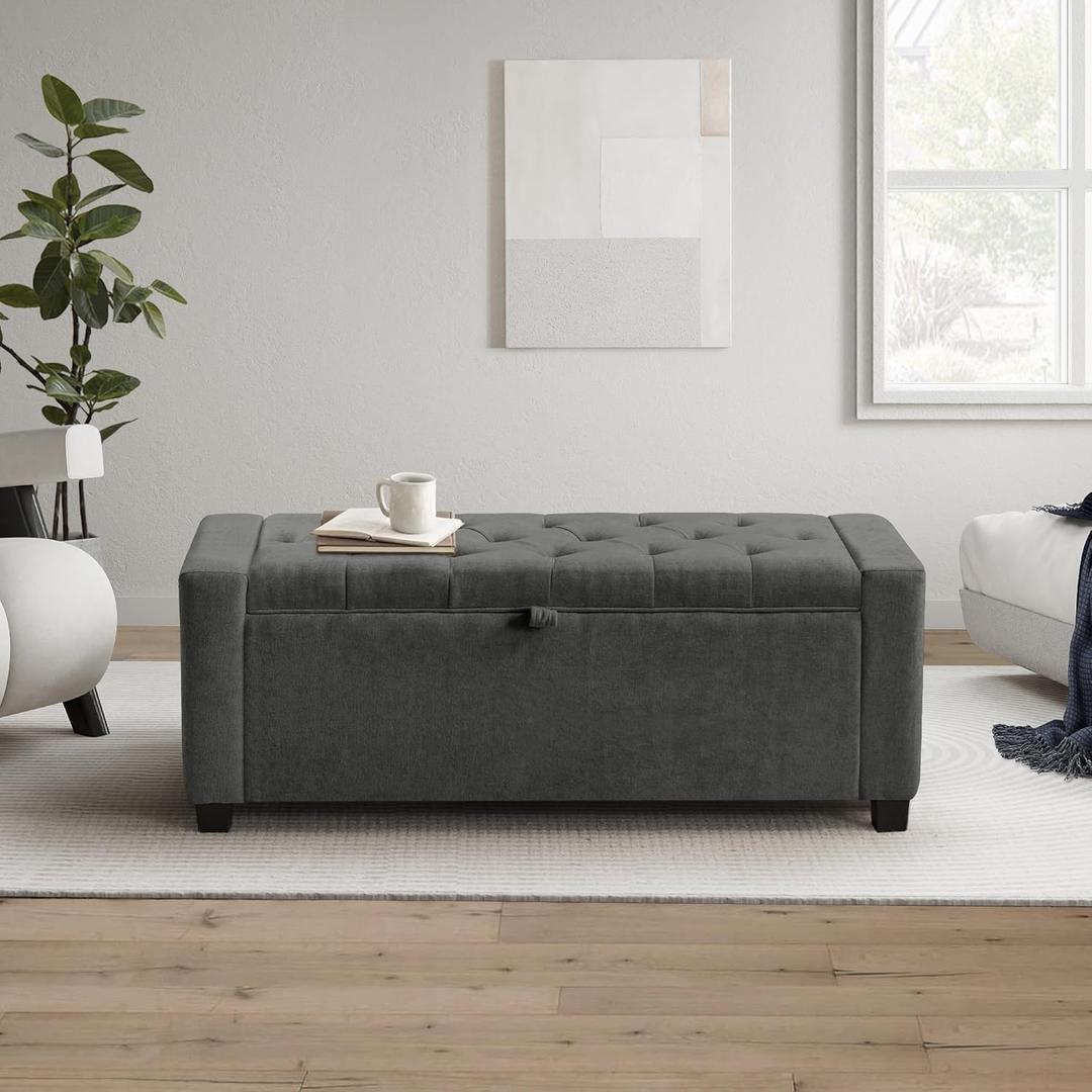 GRAINELL Storage Ottoman Bench, Upholstered Tufted Bedroom Bench with Storage, End of Bed Storage Bench for Living Room & Entryway, 350 lb Capacity, Linen Dark Gray