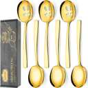 6 Piece Stainless Steel Serving Spoons Set - 3 Large, 3 Slotted, 9.2-Inch, Dishwasher Safe, for Parties/Kitchen/Buffet/Catering,Gold
