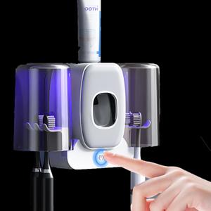 2 Cups Wall-Mounted Toothbrush Sterilizer Holder with Toothpaste Dispenser - 4 Slots,3 in 1 Toothbrush Cleaner, No Drilling, USB Charging, Ideal for Family Bathroom (Grey-Double Cup)