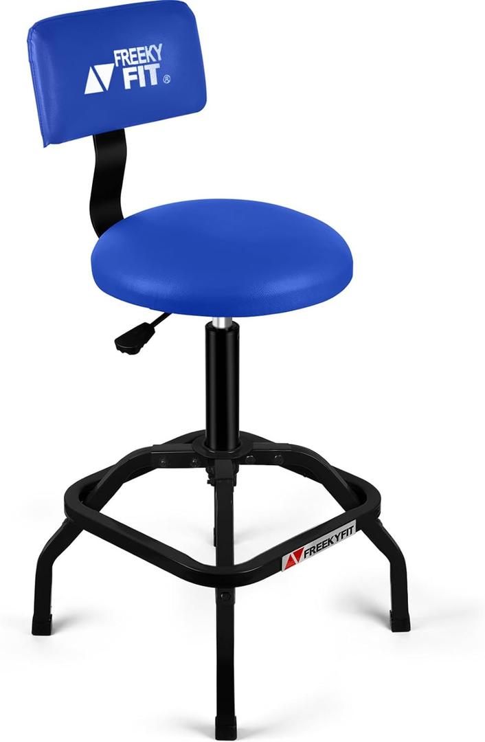Shop Stool with Backrest, Mechanic Garage Stool for Workshop, Adjustable Shop Stools Chair, Padded Workbench Stools for Men Women, 300 LBS Capacity, 360 Swivel PVC Seat, Heavy Duty, Blue